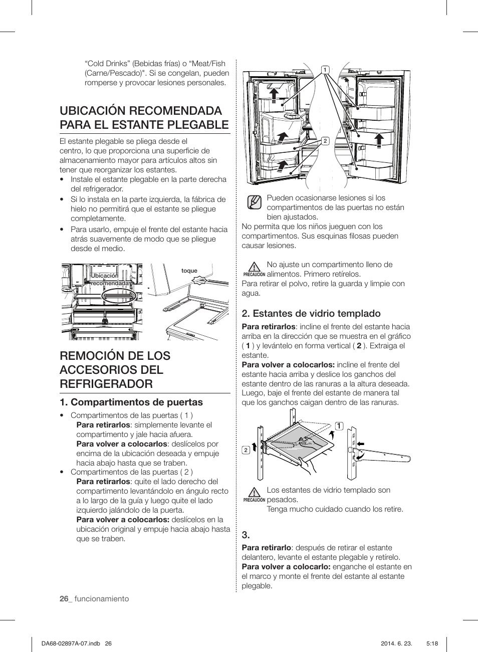 Ubicación recomendada para el estante plegable, Remoción de los accesorios del refrigerador, Compartimentos de puertas | Estantes de vidrio templado, Estante plegable | Samsung RF24FSEDBSR-AA User Manual | Page 62 / 108