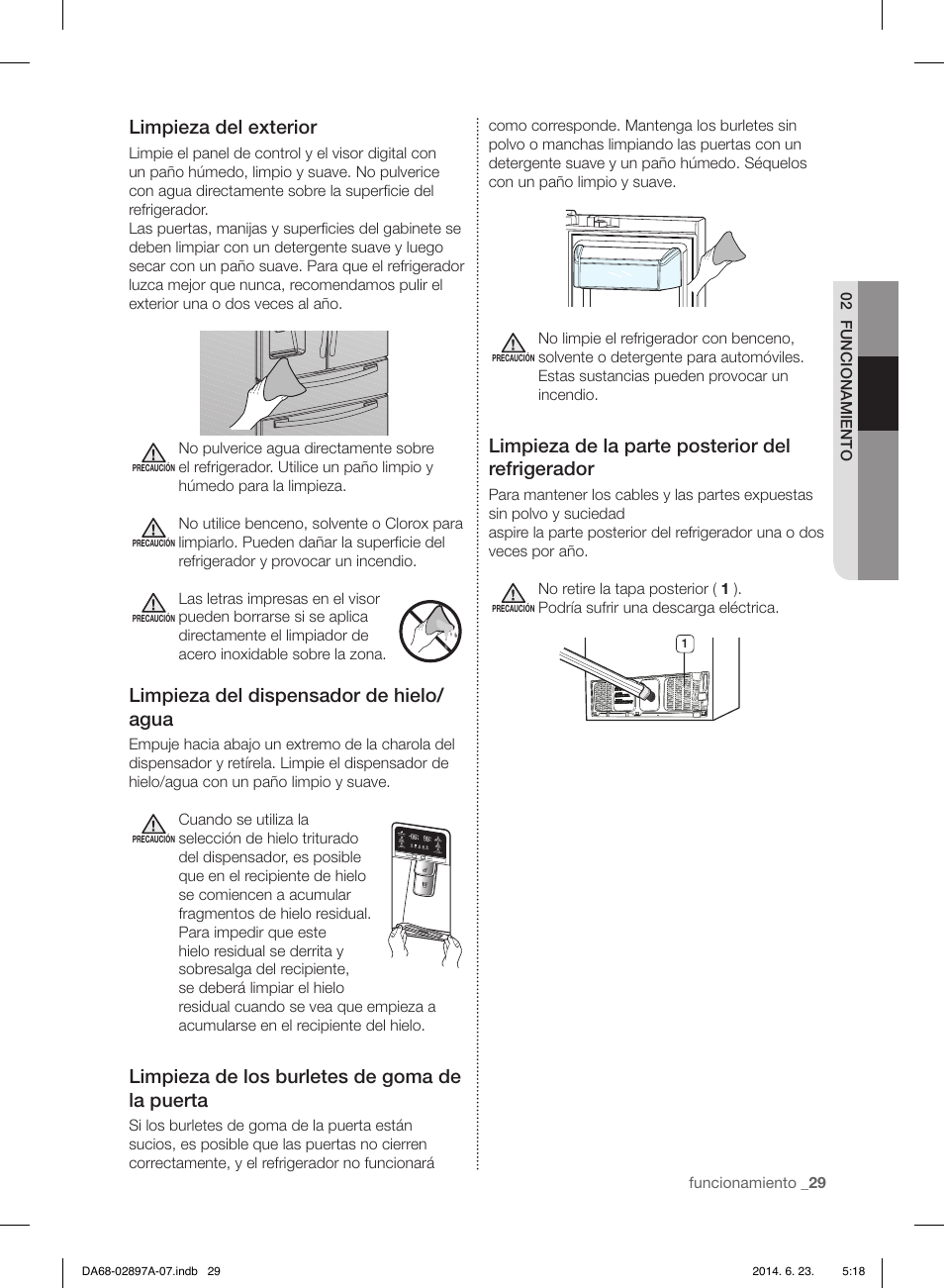 Limpieza del exterior, Limpieza del dispensador de hielo/ agua, Limpieza de los burletes de goma de la puerta | Limpieza de la parte posterior del refrigerador | Samsung RF24FSEDBSR-AA User Manual | Page 65 / 108