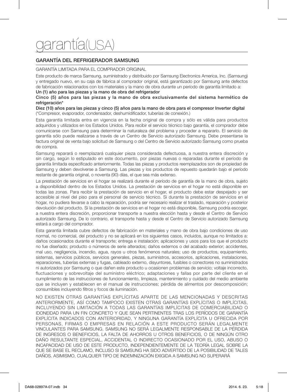 Garantía, Usa) | Samsung RF24FSEDBSR-AA User Manual | Page 70 / 108