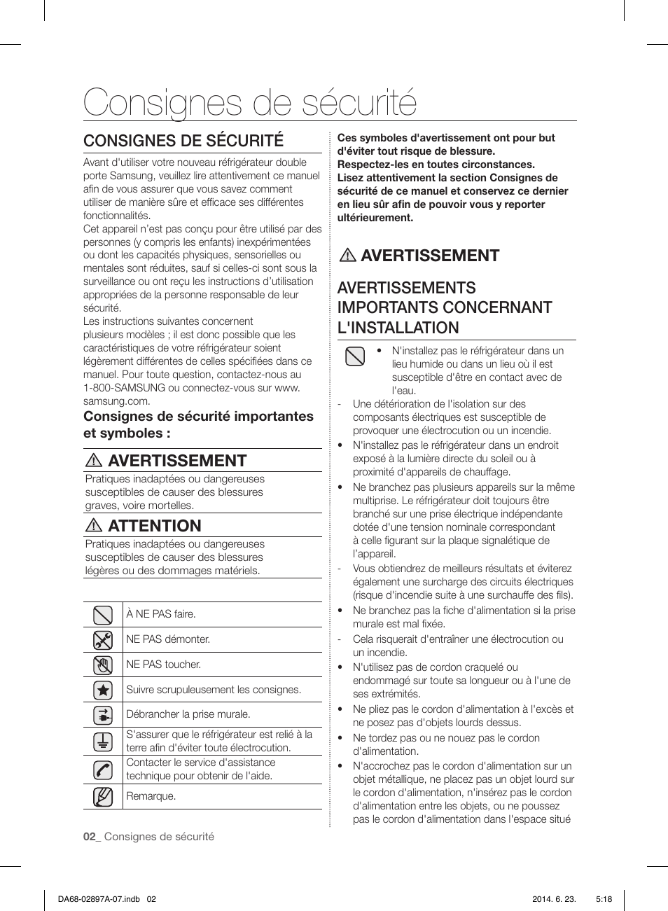 Consignes de sécurité, Avertissement, Attention | Samsung RF24FSEDBSR-AA User Manual | Page 74 / 108