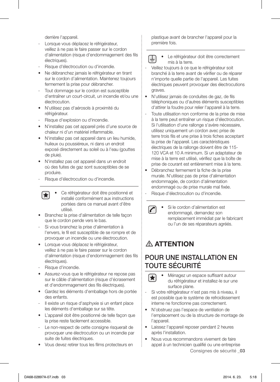 Attention pour une installation en toute sécurité | Samsung RF24FSEDBSR-AA User Manual | Page 75 / 108