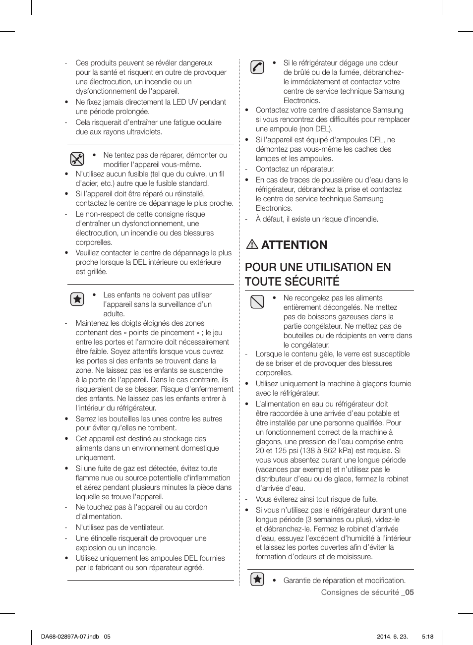 Attention pour une utilisation en toute sécurité | Samsung RF24FSEDBSR-AA User Manual | Page 77 / 108