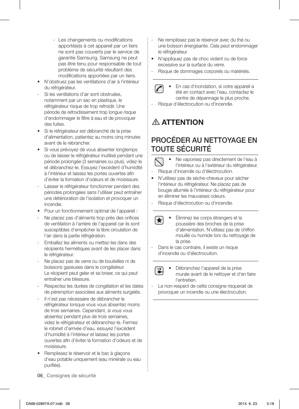 Attention procéder au nettoyage en toute sécurité | Samsung RF24FSEDBSR-AA User Manual | Page 78 / 108