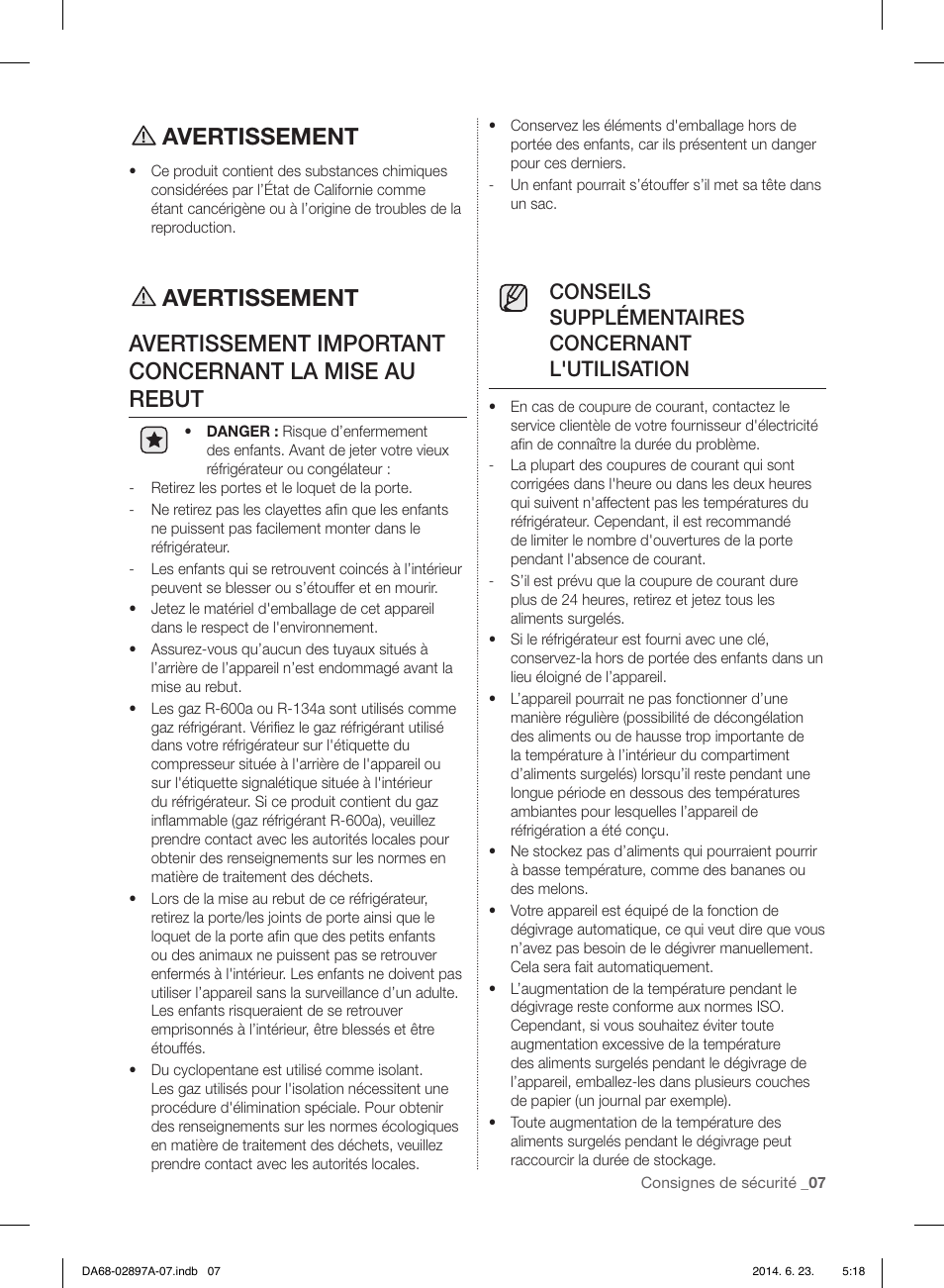 Avertissement, Conseils supplémentaires concernant l'utilisation | Samsung RF24FSEDBSR-AA User Manual | Page 79 / 108