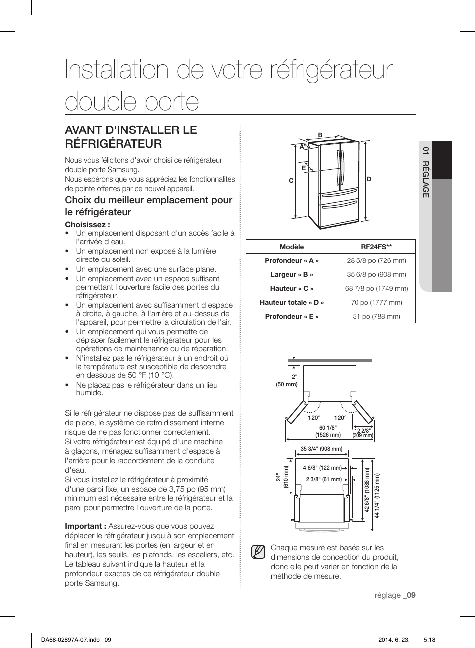 Installation de votre réfrigérateur double porte, Avant d'installer le réfrigérateur | Samsung RF24FSEDBSR-AA User Manual | Page 81 / 108