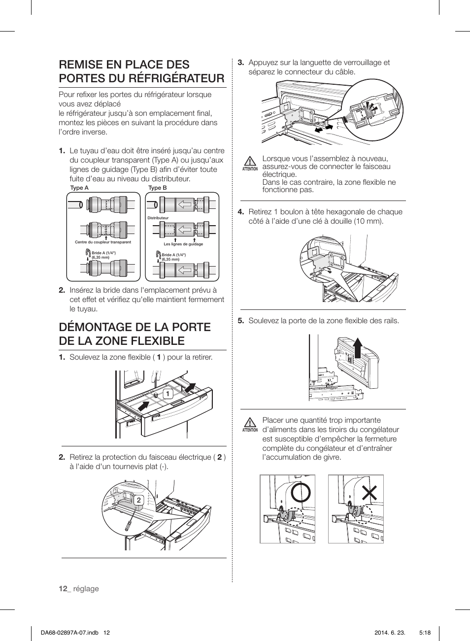 Remise en place des portes du réfrigérateur, Démontage de la porte de la zone flexible | Samsung RF24FSEDBSR-AA User Manual | Page 84 / 108