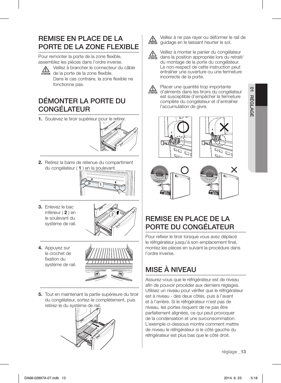 Remise en place de la porte de la zone flexible, Démonter la porte du congélateur, Remise en place de la porte du congélateur | Mise à niveau | Samsung RF24FSEDBSR-AA User Manual | Page 85 / 108