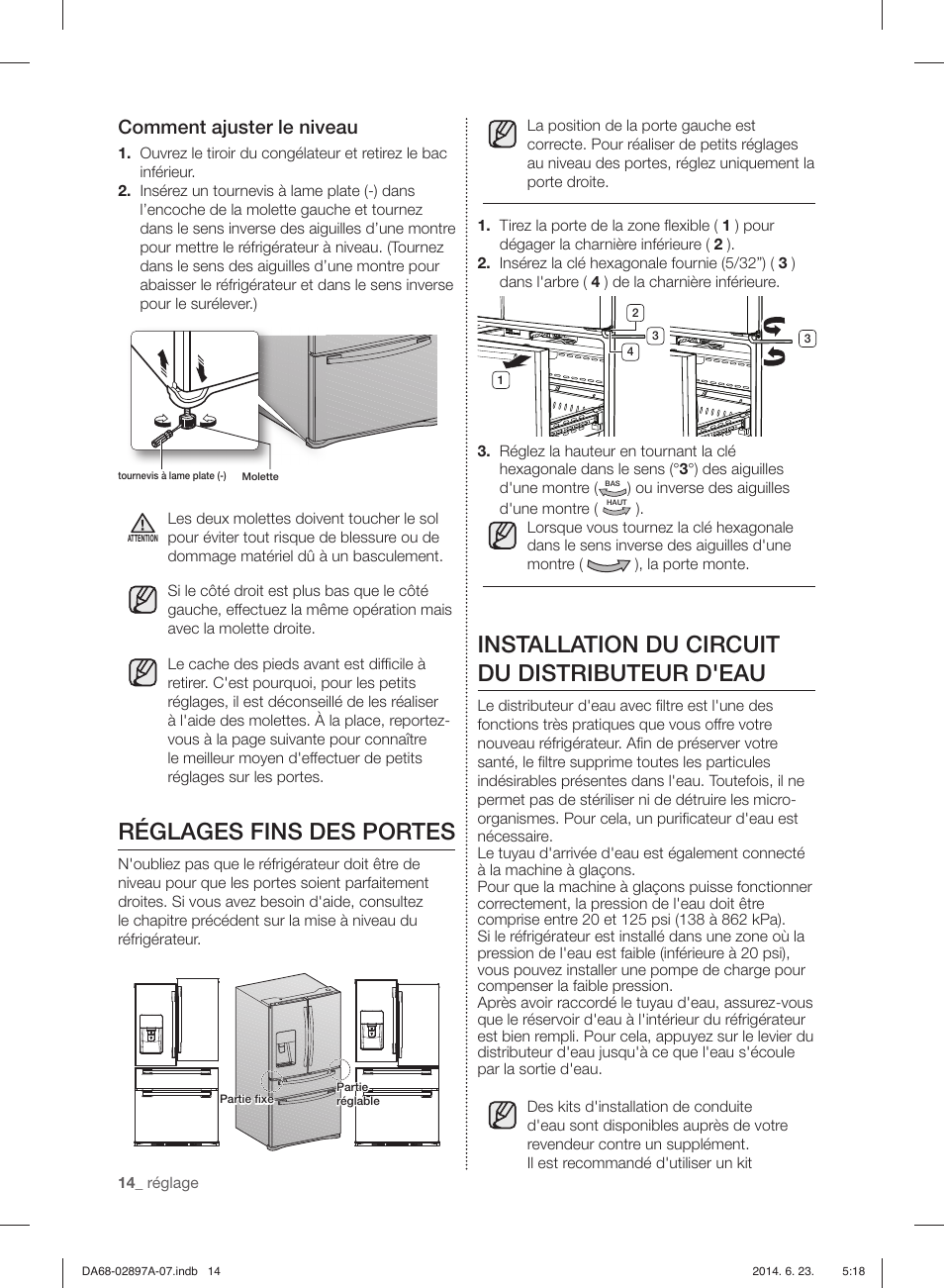 Réglages fins des portes, Installation du circuit du distributeur d'eau, Comment ajuster le niveau | Samsung RF24FSEDBSR-AA User Manual | Page 86 / 108