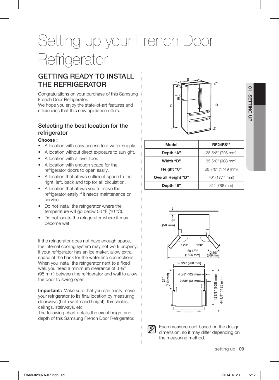 Setting up your french door refrigerator, Getting ready to install the refrigerator, Selecting the best location for the refrigerator | Samsung RF24FSEDBSR-AA User Manual | Page 9 / 108