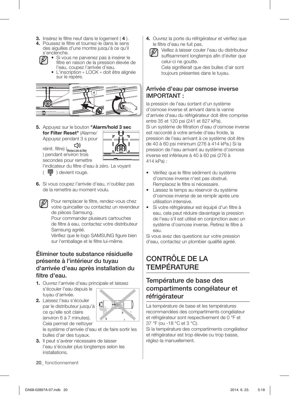 Contrôle de la température, Arrivée d'eau par osmose inverse important | Samsung RF24FSEDBSR-AA User Manual | Page 92 / 108