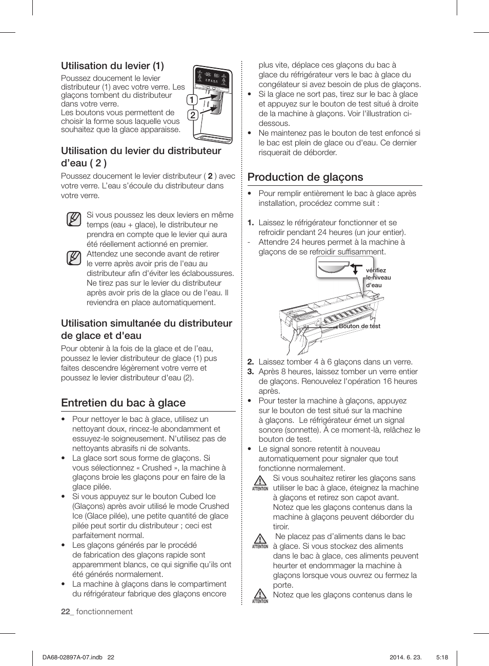 Entretien du bac à glace, Production de glaçons, Utilisation du levier (1) | Utilisation du levier du distributeur d’eau ( 2 ) | Samsung RF24FSEDBSR-AA User Manual | Page 94 / 108