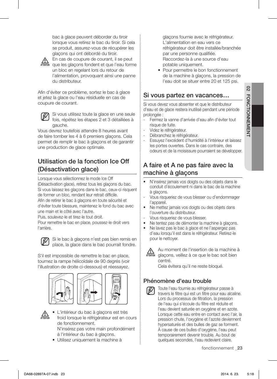 Si vous partez en vacances, Phénomène d'eau trouble | Samsung RF24FSEDBSR-AA User Manual | Page 95 / 108