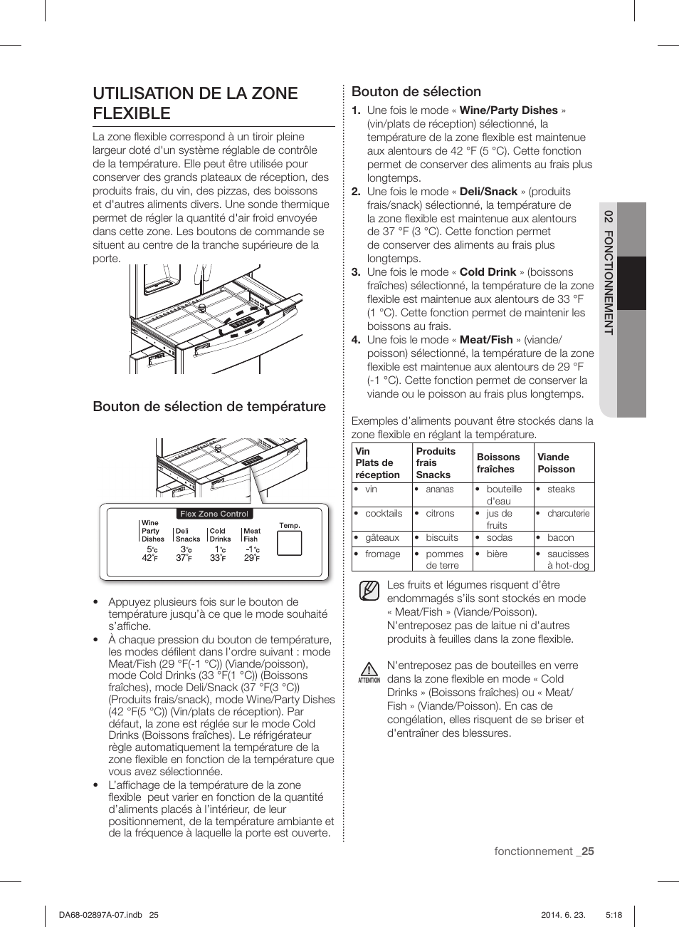 Utilisation de la zone flexible, Bouton de sélection de température, Bouton de sélection | Samsung RF24FSEDBSR-AA User Manual | Page 97 / 108