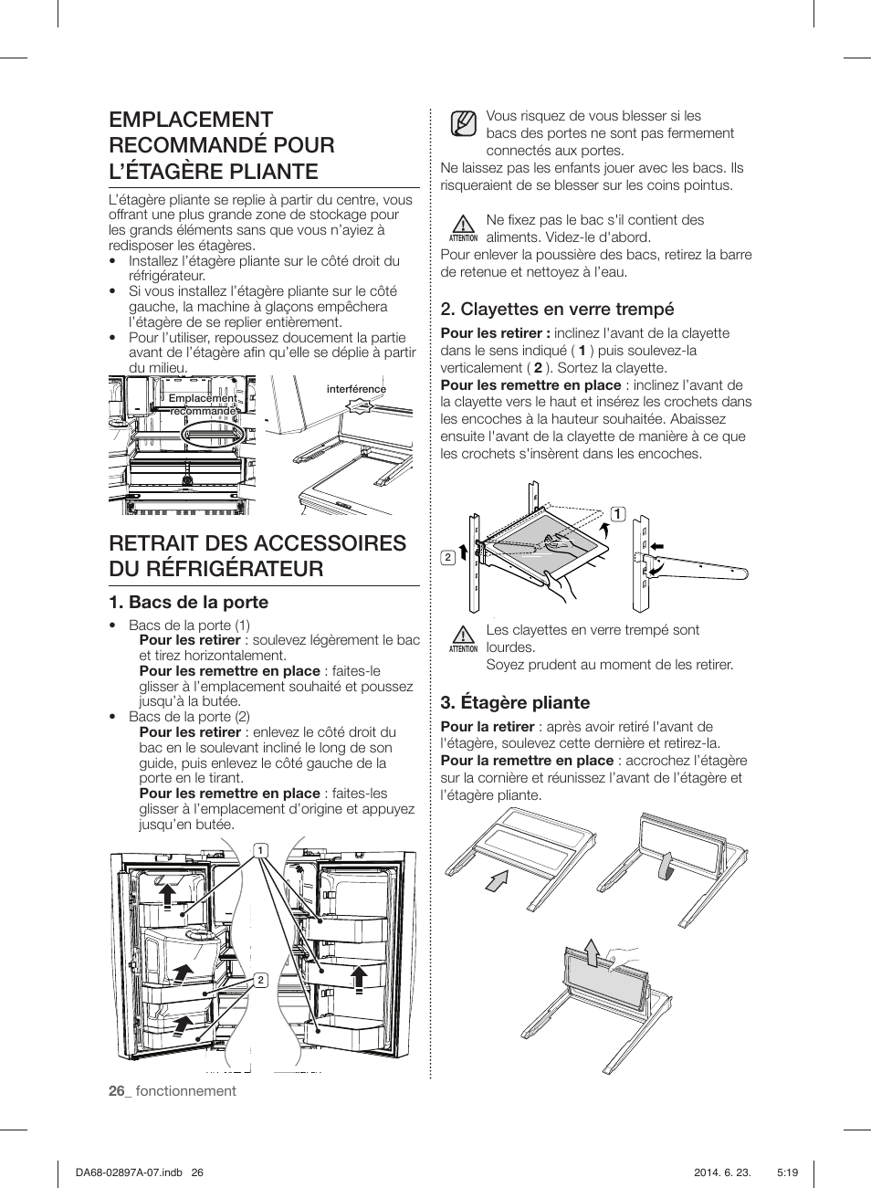 Emplacement recommandé pour l’étagère pliante, Retrait des accessoires du réfrigérateur, Bacs de la porte | Clayettes en verre trempé, Étagère pliante | Samsung RF24FSEDBSR-AA User Manual | Page 98 / 108