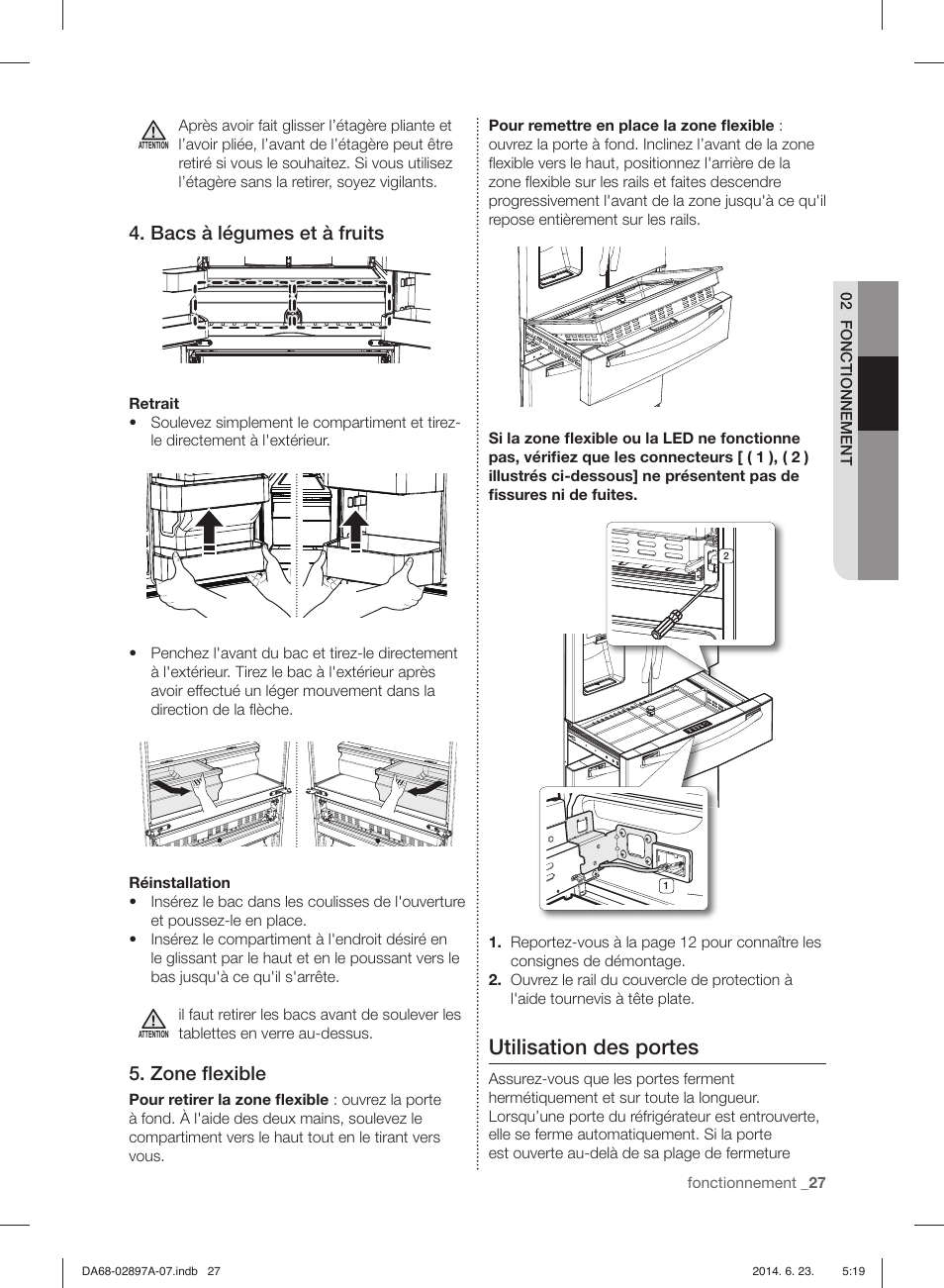 Utilisation des portes, Bacs à légumes et à fruits, Zone ﬂ exible | Samsung RF24FSEDBSR-AA User Manual | Page 99 / 108