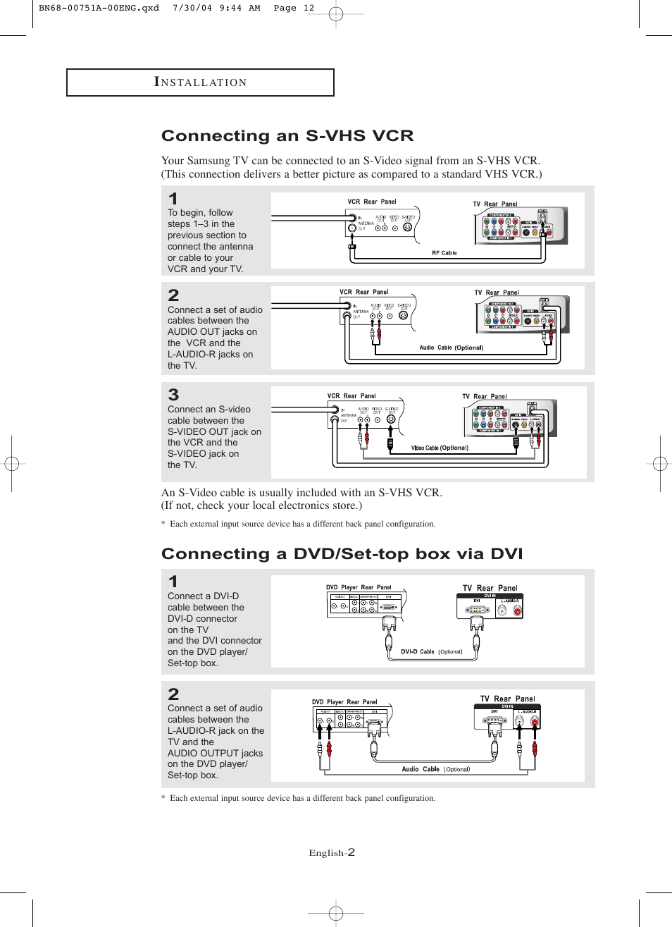 Connecting an s-vhs vcr, Connecting a dvd/set-top box via dvi | Samsung LNP267WX-XAA User Manual | Page 2 / 6