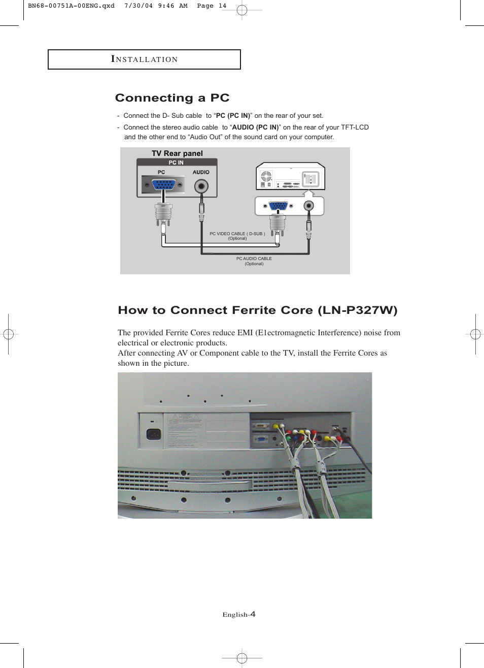 Connecting a pc, How to connect ferrite core (ln-p327w) | Samsung LNP267WX-XAA User Manual | Page 4 / 6