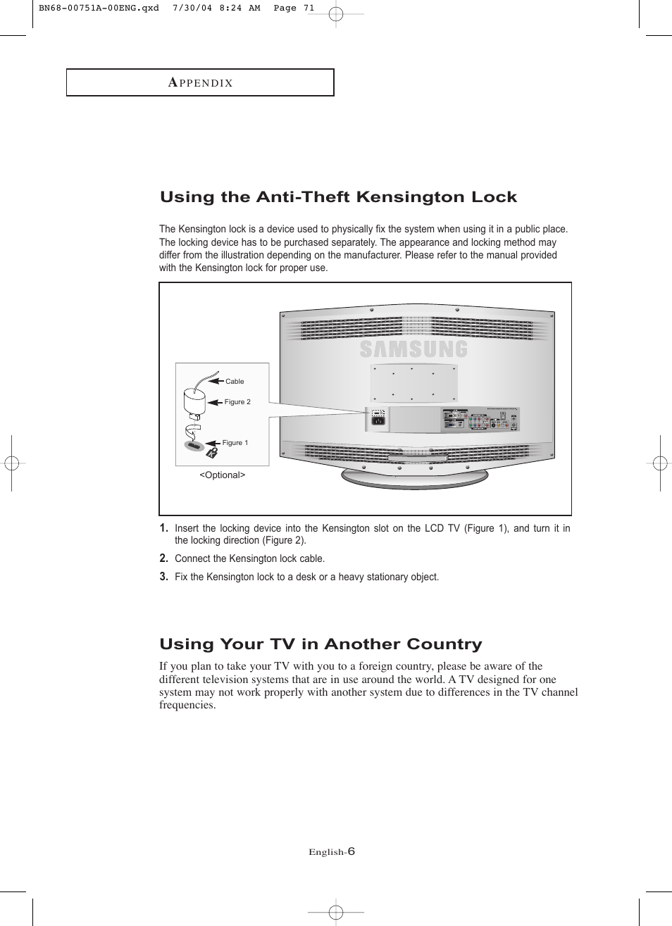 Using your tv in another country, Using the anti-theft kensington lock | Samsung LNP267WX-XAA User Manual | Page 6 / 6