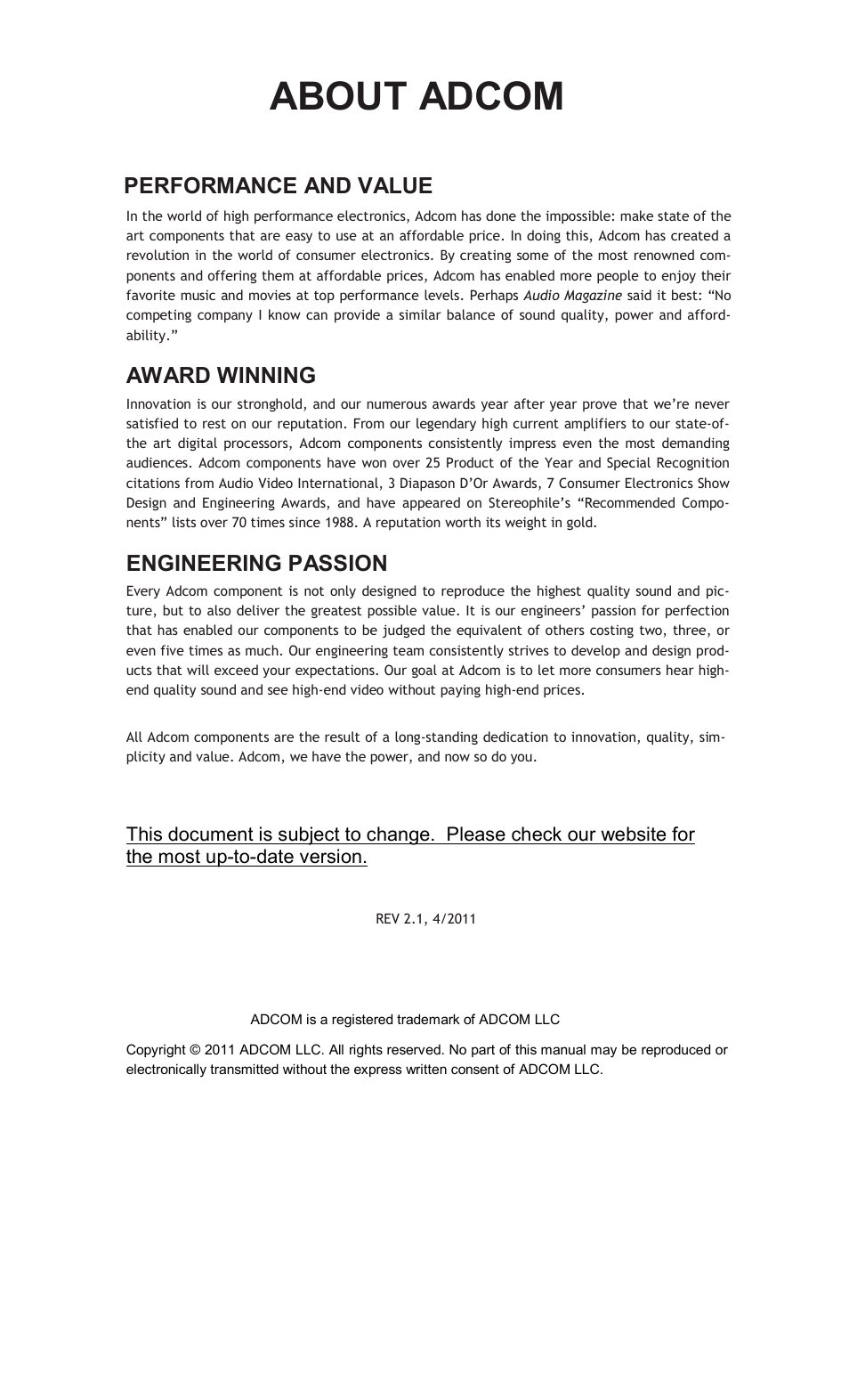 About adcom, Award winning, Engineering passion | Performance and value | Adcom GFP-815 User Manual | Page 2 / 11