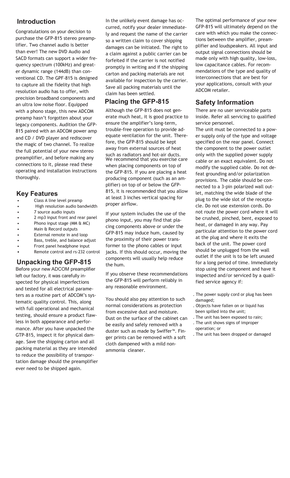 Introduction, Safety information, Key features | Adcom GFP-815 User Manual | Page 4 / 11