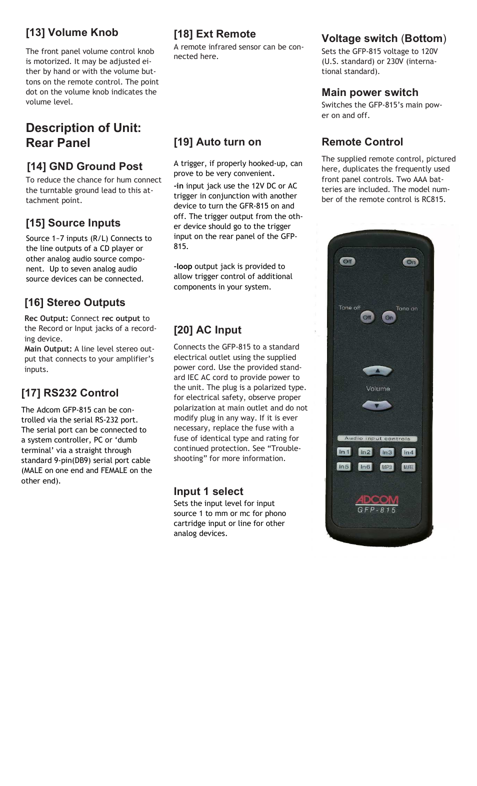 Description of unit: rear panel | Adcom GFP-815 User Manual | Page 6 / 11
