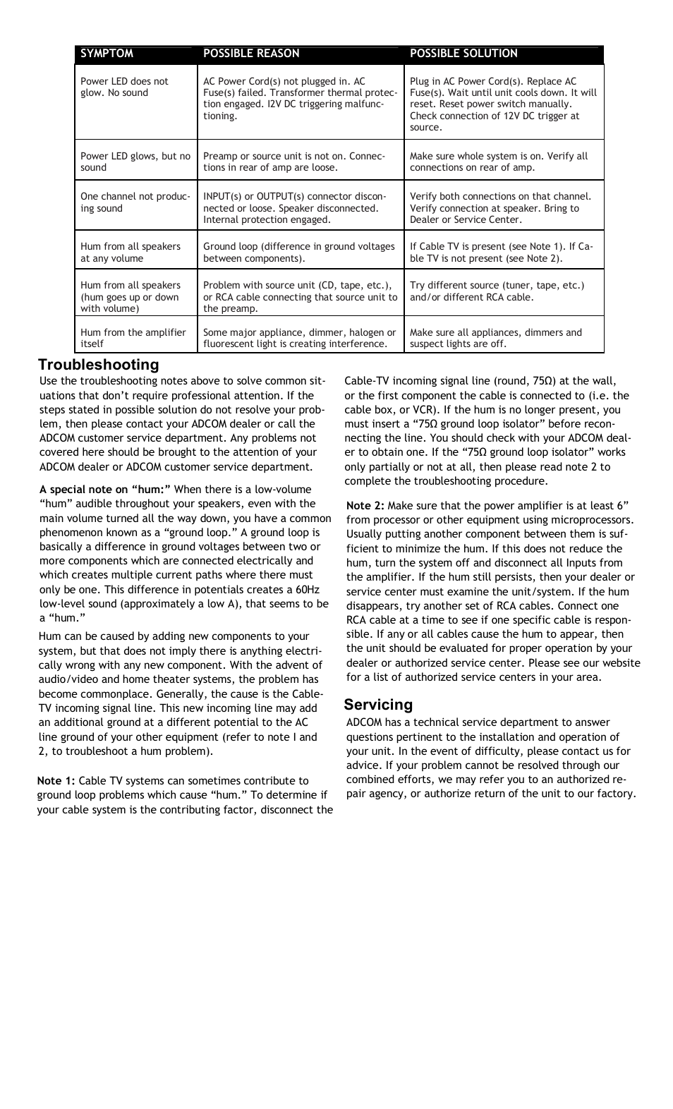 Troubleshooting servicing | Adcom GFP-815 User Manual | Page 7 / 11