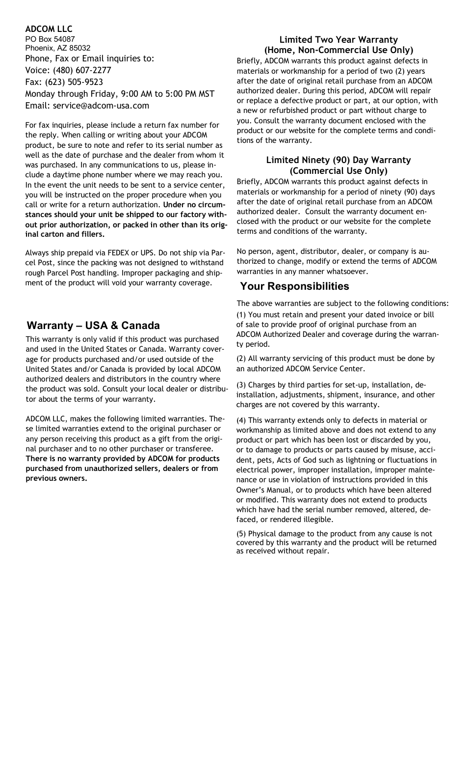 Warranty – usa & canada, Your responsibilities | Adcom GFP-815 User Manual | Page 8 / 11