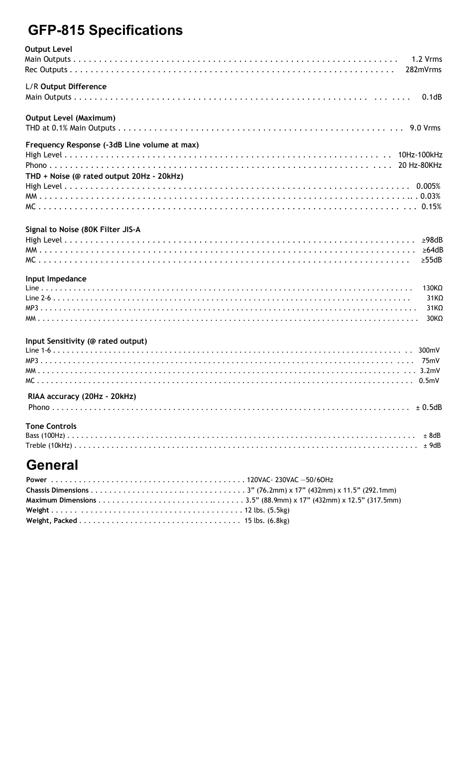 Gfp-815 specifications, General | Adcom GFP-815 User Manual | Page 9 / 11