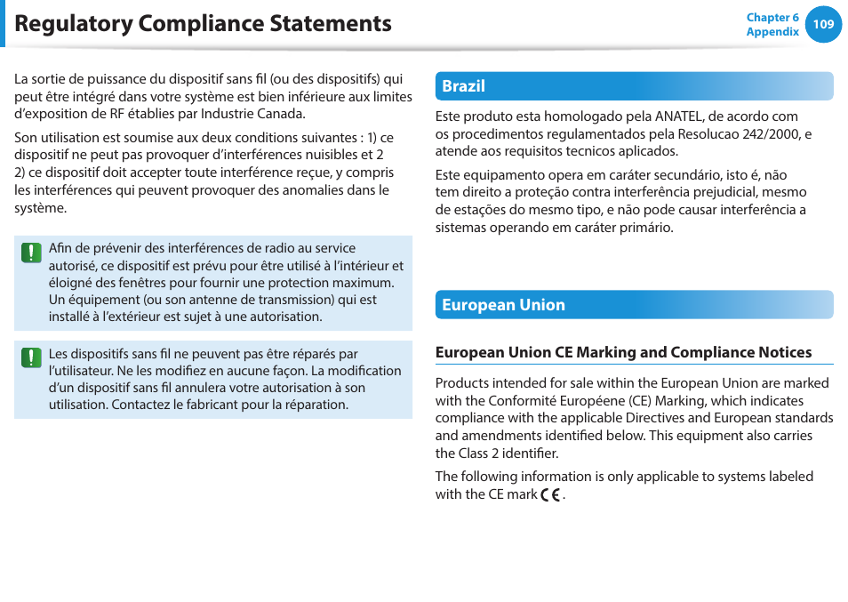 Regulatory compliance statements | Samsung NP470R5E-K02UB User Manual | Page 110 / 125
