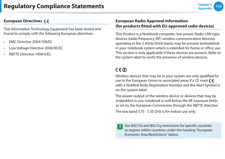 Regulatory compliance statements | Samsung NP470R5E-K02UB User Manual | Page 111 / 125