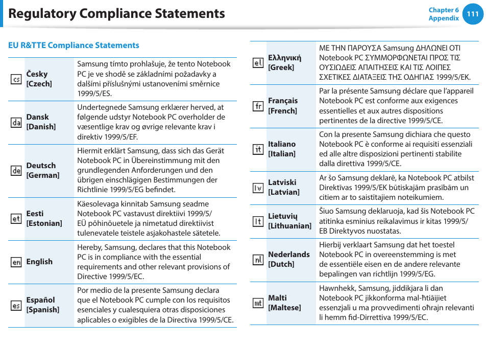 Regulatory compliance statements | Samsung NP470R5E-K02UB User Manual | Page 112 / 125