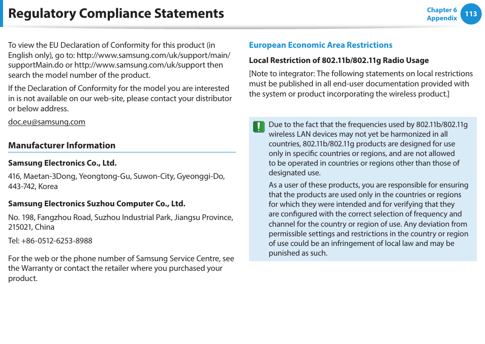 Regulatory compliance statements | Samsung NP470R5E-K02UB User Manual | Page 114 / 125