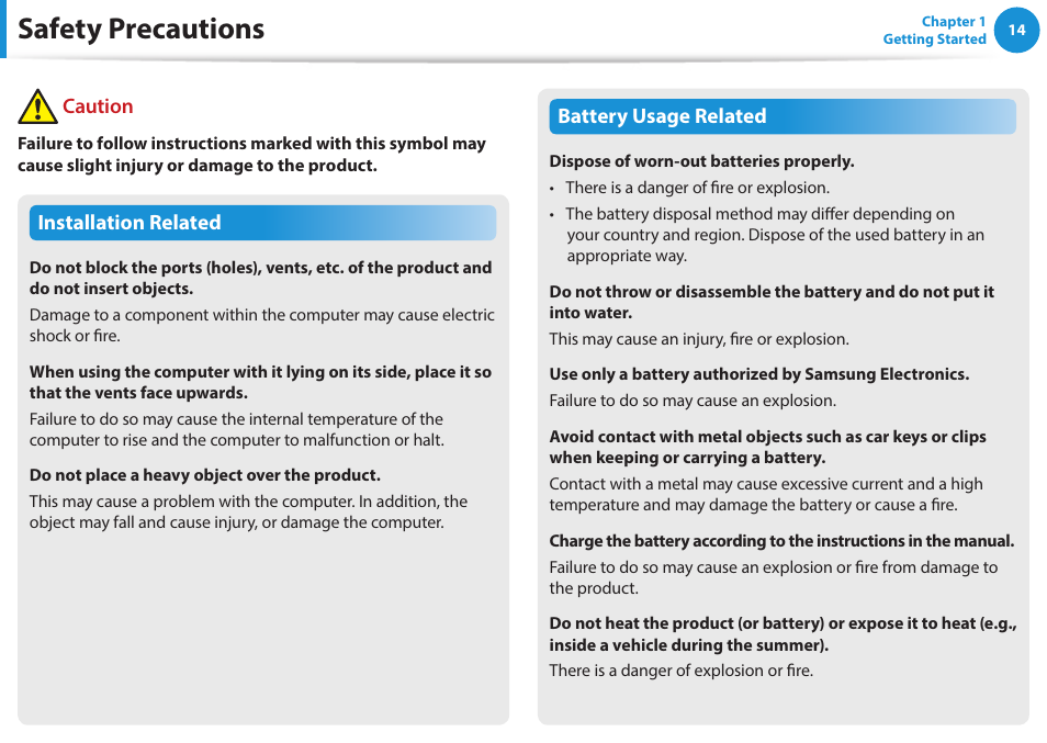Safety precautions | Samsung NP470R5E-K02UB User Manual | Page 15 / 125