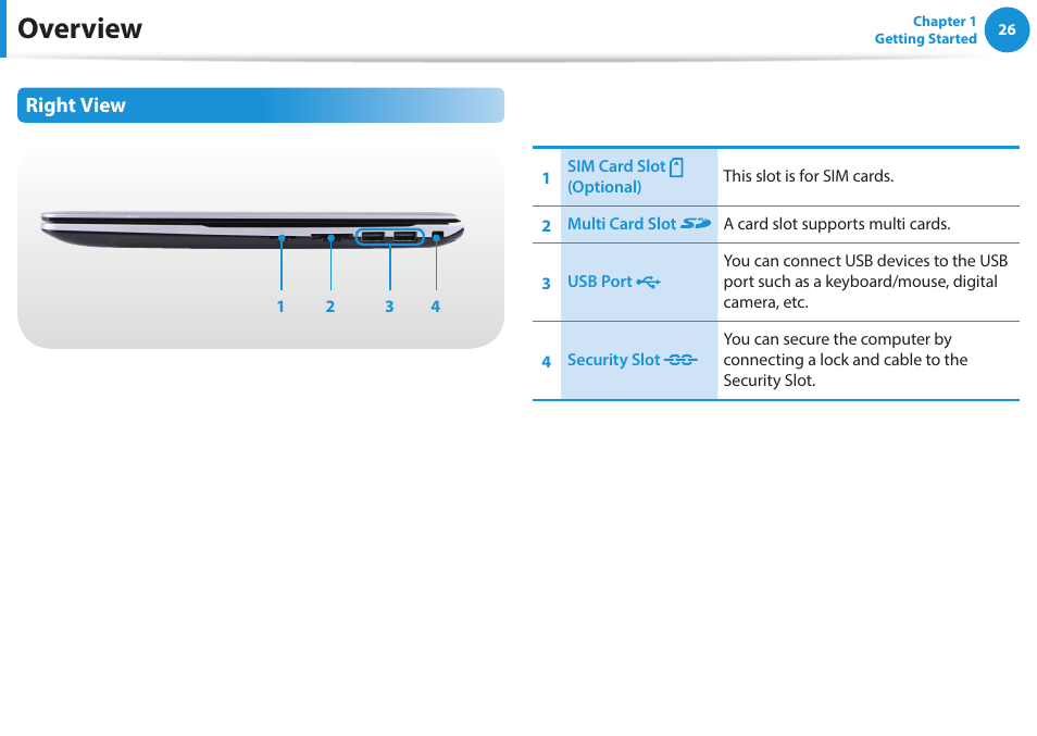 Overview, Right view | Samsung NP470R5E-K02UB User Manual | Page 27 / 125