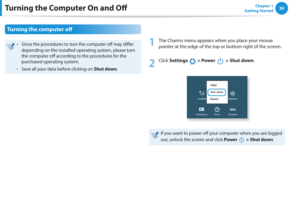 Turning the computer on and off, Turning the computer off | Samsung NP470R5E-K02UB User Manual | Page 31 / 125
