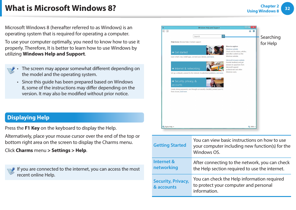 What is microsoft windows 8, Displaying help | Samsung NP470R5E-K02UB User Manual | Page 33 / 125