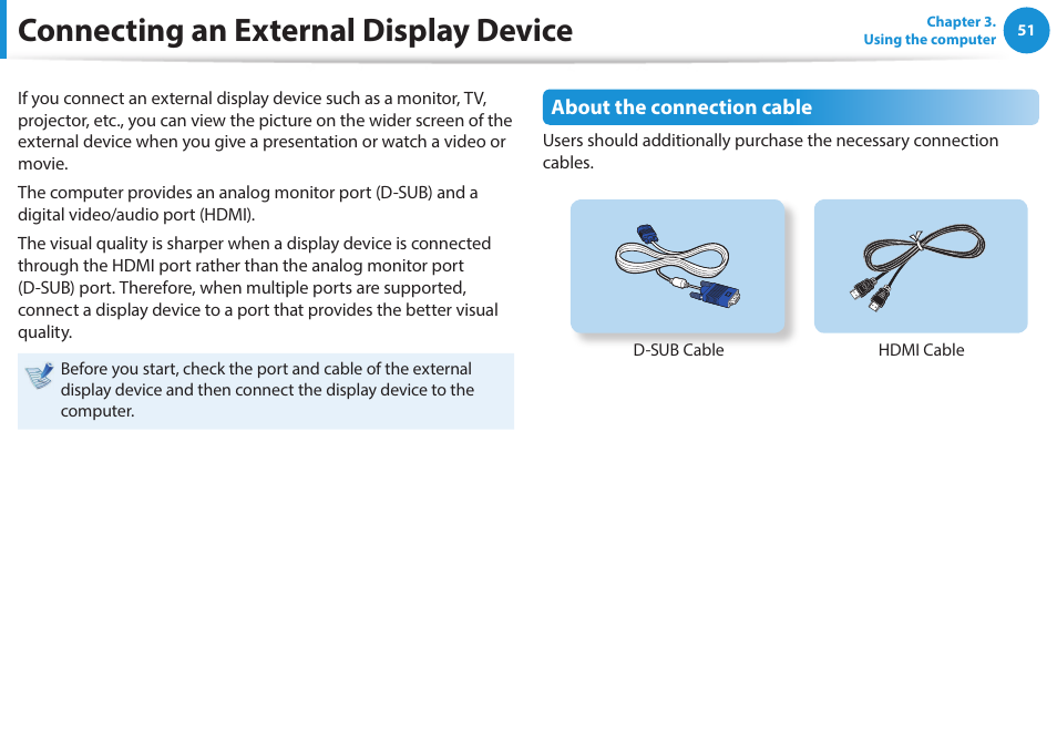 Connecting an external display device | Samsung NP470R5E-K02UB User Manual | Page 52 / 125