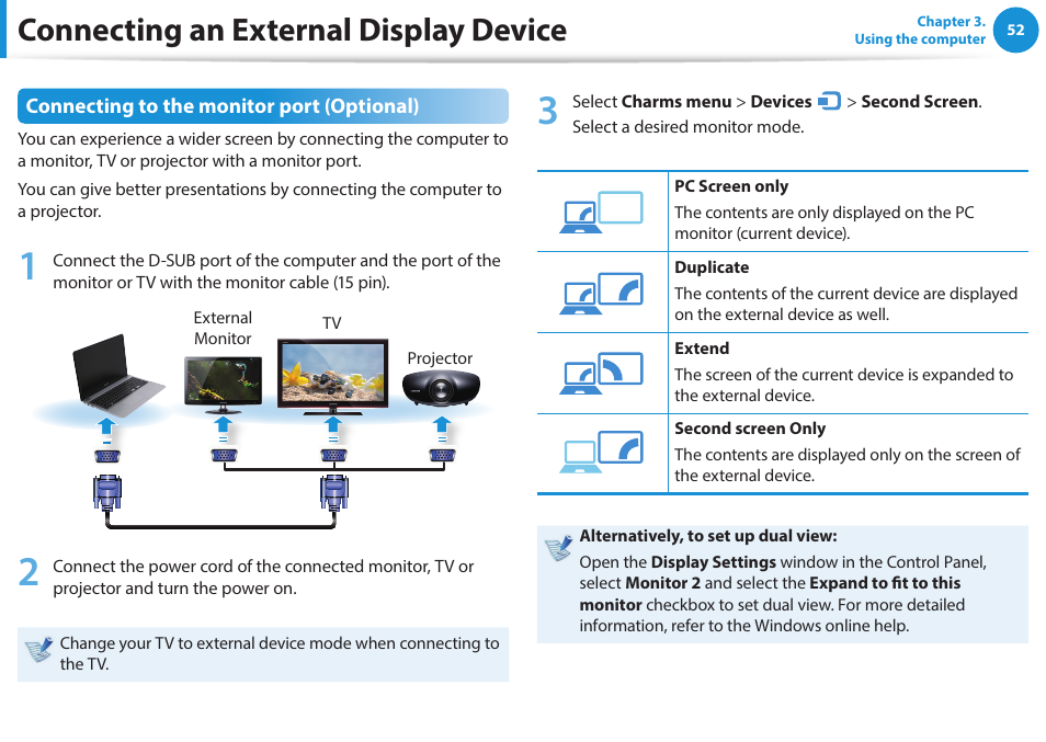 Connecting an external display device, Connecting to the monitor port (optional) | Samsung NP470R5E-K02UB User Manual | Page 53 / 125