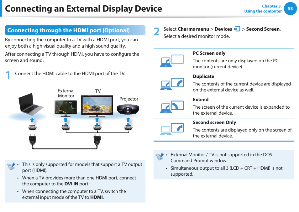 Connecting an external display device, Connecting through the hdmi port (optional) | Samsung NP470R5E-K02UB User Manual | Page 54 / 125