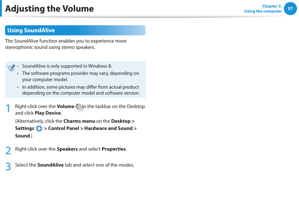 Adjusting the volume | Samsung NP470R5E-K02UB User Manual | Page 58 / 125