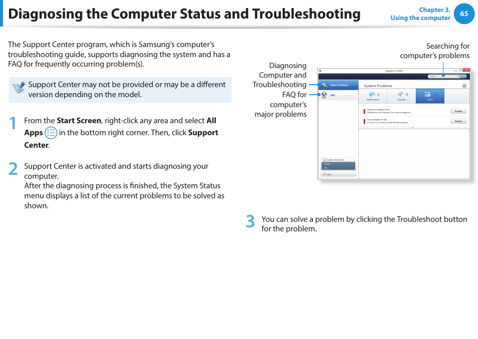 Diagnosing the computer status and troubleshooting, Diagnosing the computer status and, Troubleshooting | Samsung NP470R5E-K02UB User Manual | Page 66 / 125