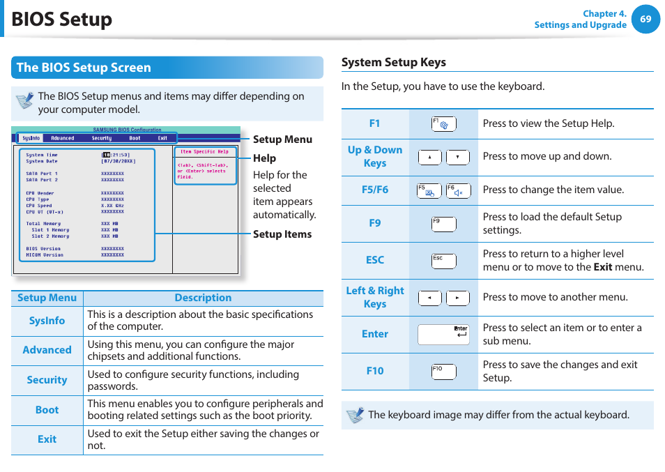 Bios setup, The bios setup screen | Samsung NP470R5E-K02UB User Manual | Page 70 / 125