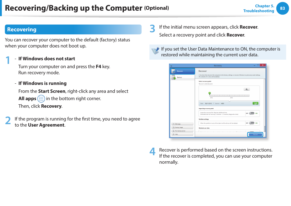 Recovering/backing up the computer | Samsung NP470R5E-K02UB User Manual | Page 84 / 125