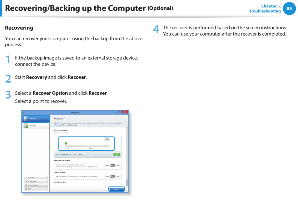 Recovering/backing up the computer | Samsung NP470R5E-K02UB User Manual | Page 86 / 125