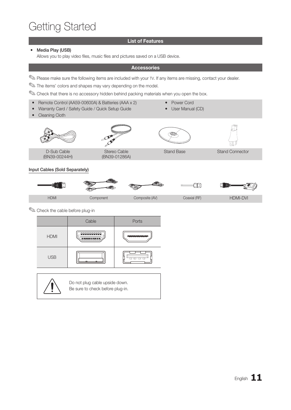 List of features, Accessories, Getting started | Samsung LT24B350ND-ZA User Manual | Page 11 / 43