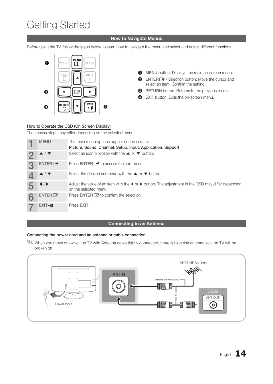 How to navigate menus, Connecting to an antenna, Getting started | Samsung LT24B350ND-ZA User Manual | Page 14 / 43