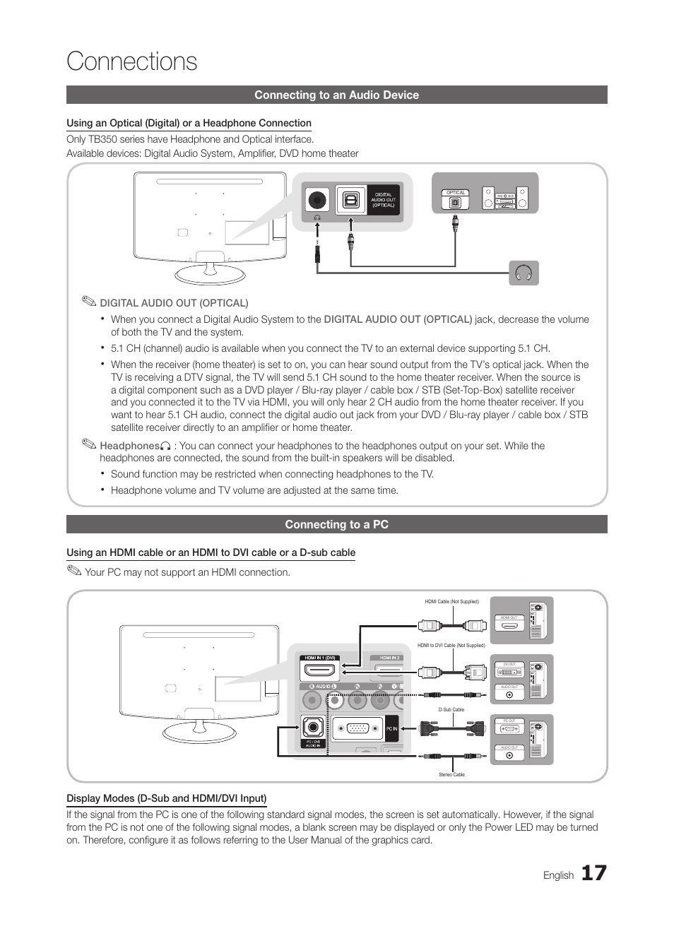 Connecting to an audio device, Connecting to a pc, Connections | Samsung LT24B350ND-ZA User Manual | Page 17 / 43