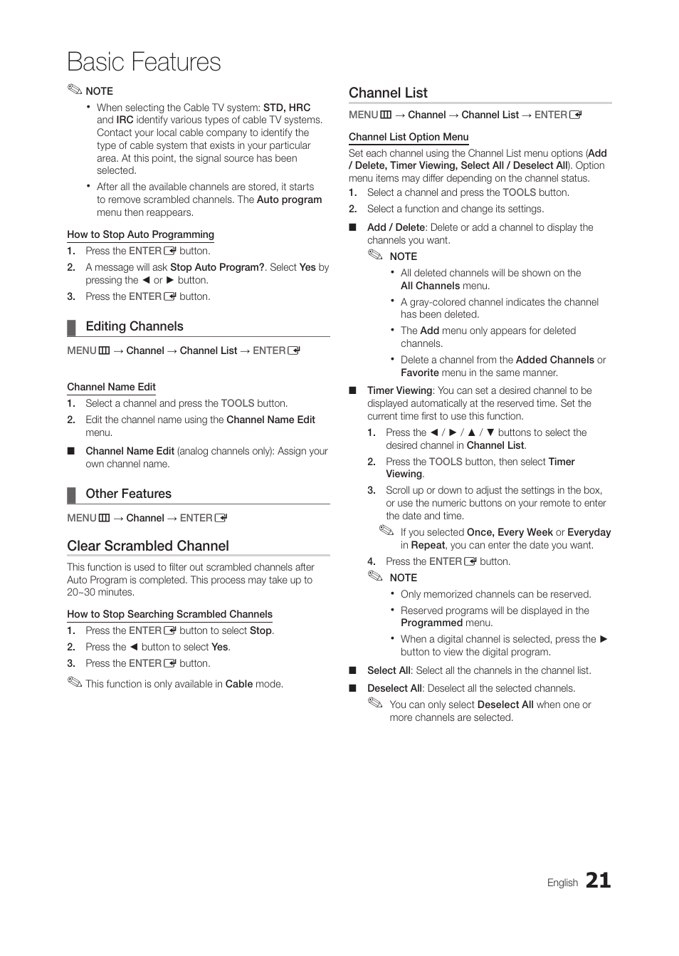 Editing channels, Other features, Basic features | Clear scrambled channel, Channel list | Samsung LT24B350ND-ZA User Manual | Page 21 / 43