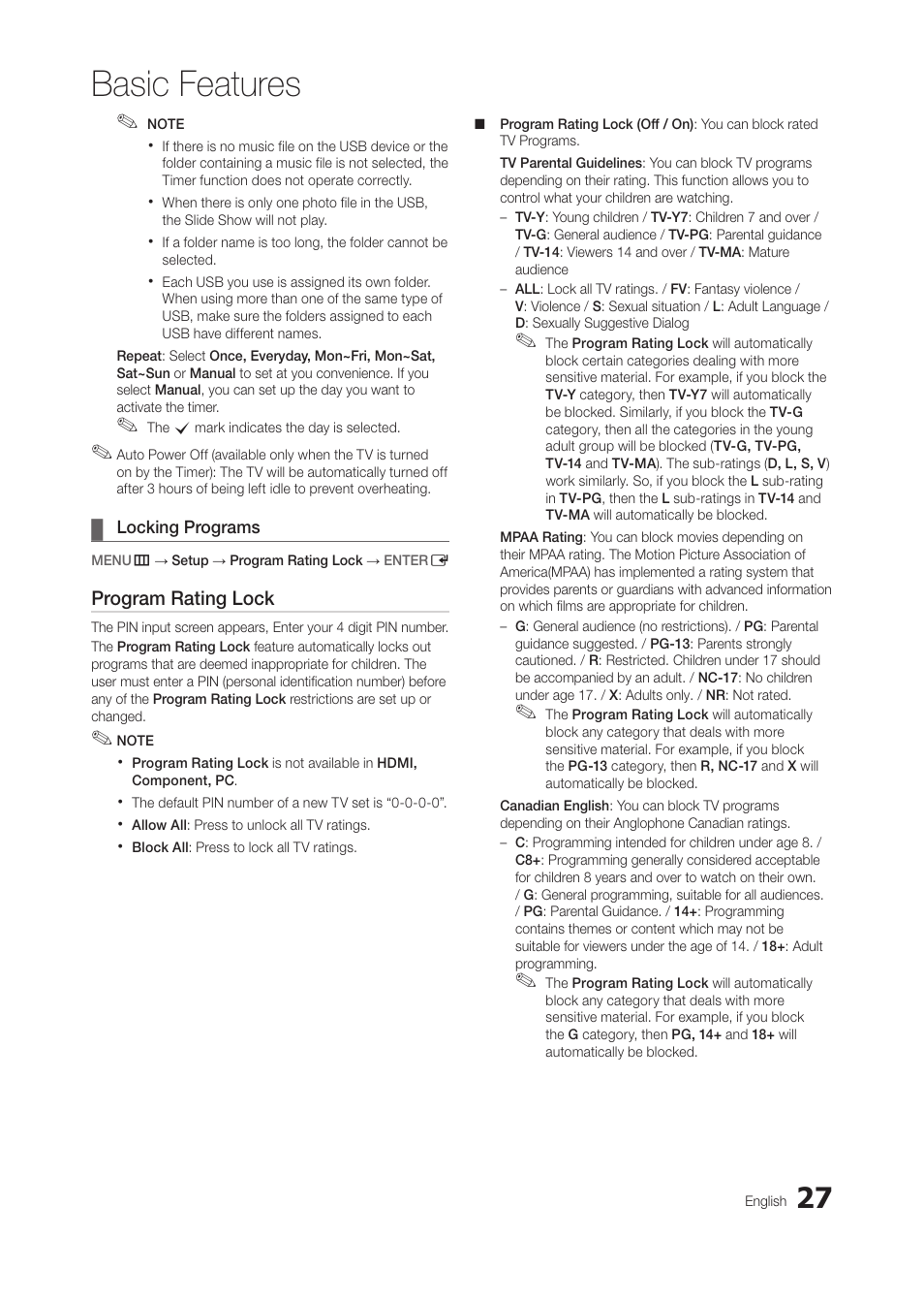 Locking programs, Basic features | Samsung LT24B350ND-ZA User Manual | Page 27 / 43