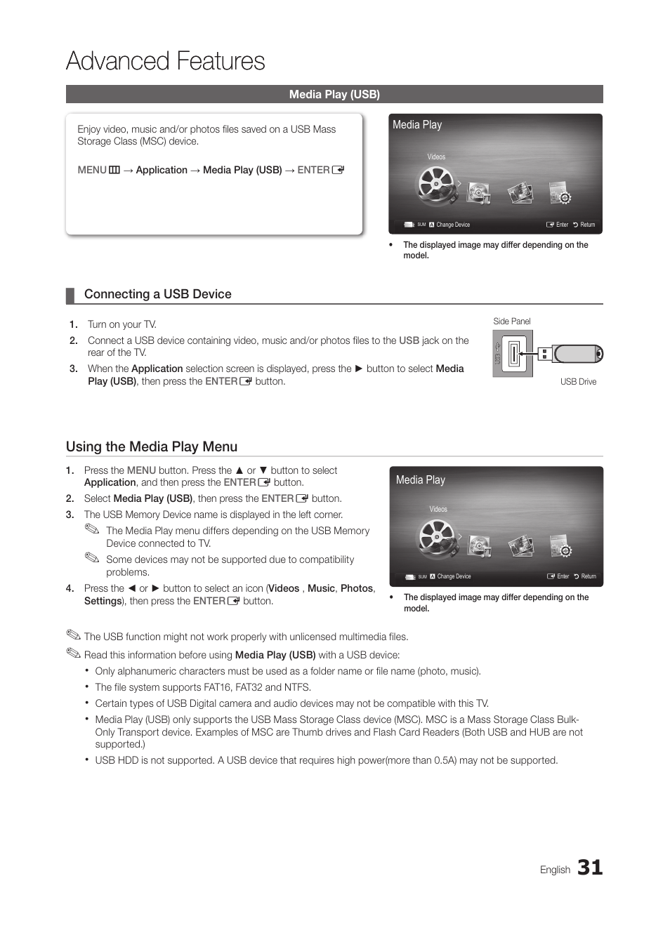 Advanced features, Media play (usb), Connecting a usb device | Using the media play menu | Samsung LT24B350ND-ZA User Manual | Page 31 / 43